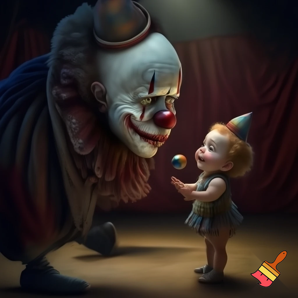 I want a picture of a circus clown with his face clearly visible, showing all the details. He should be looking sad, wearing a circus hat, and standing. In front of him is a child giving him a small circus ball, and the child is happy. The child looks at the clown's face.The clown and the child should be depicted with all the details of their bodies, including their hands and feet. I want it to be realistic, not a cartoon 