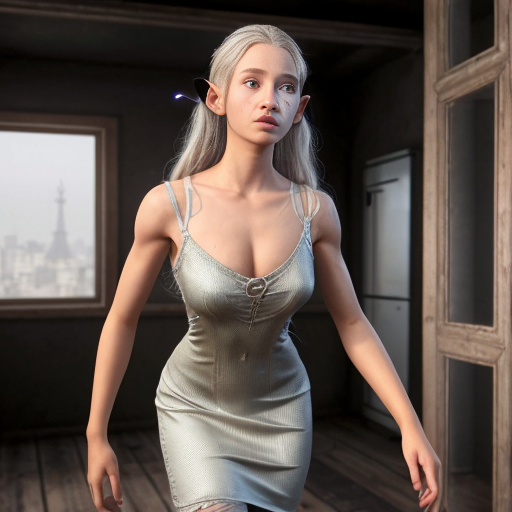 10 elven years is equal to one human year. A 120-year-old elf girl has entered another world. It has a material called Lightium. Its peculiarity is that upon contact with oxygen it becomes completely invisible.
A girl, walking in this world, accidentally enters a house where a woman lives. At one point, the woman steals all the girl's clothes and gives her a Lightium dress in return. Then the room fills with oxygen. The Lightium reacts. The dress becomes completely invisible.
Hyperrealistic image. Only the girl is visible. Her arms are spread out.