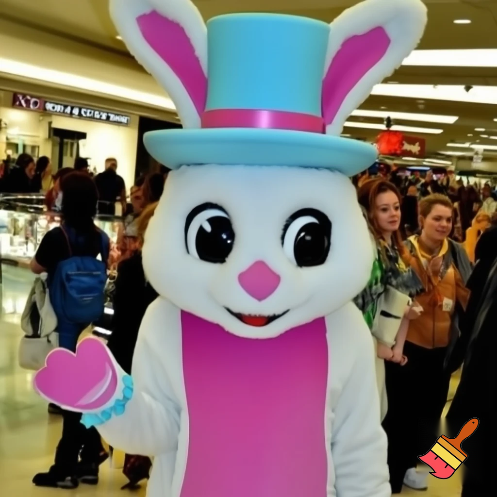 Easter bunny mascot costume top hat shopping centre