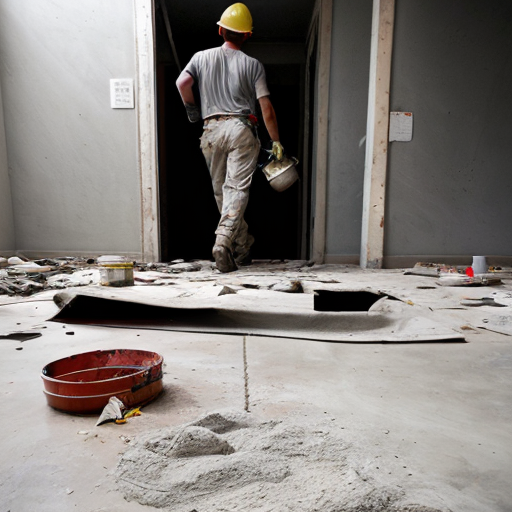 A chaotic construction site. A raw, dark-grey concrete subfloor, severely cracked and spalling. Piles of gray dust, scattered brick debris, an empty sack labeled "CEMENT," discarded paint buckets, and bare, unpainted walls.