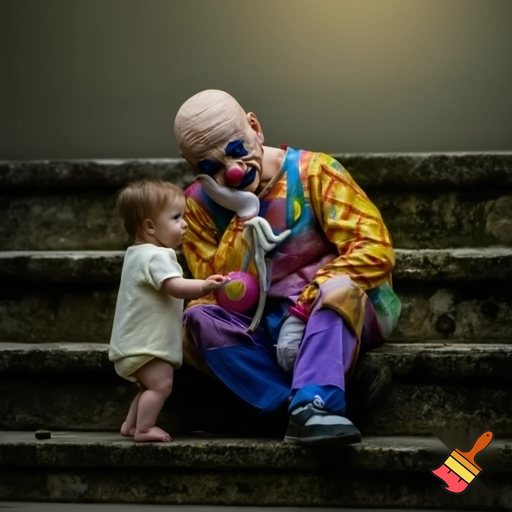 A heartbroken clown sits on an old stone staircase, holding his face with one hand. He wears a vividly decorated, brightly colored costume, full of patterns, with slight wrinkles from wear. In front of him, a young child looks at him, gently offering a ball with one hand while holding a rabbit-shaped balloon in the other hand, near the clown’s. The scene is bathed in soft natural light, creating a calm and melancholic atmosphere, with cinematic depth, detailed textures, and a tender emotional connection between the clown and the child. The image is ultra-realistic, 4k, with full cinematic style