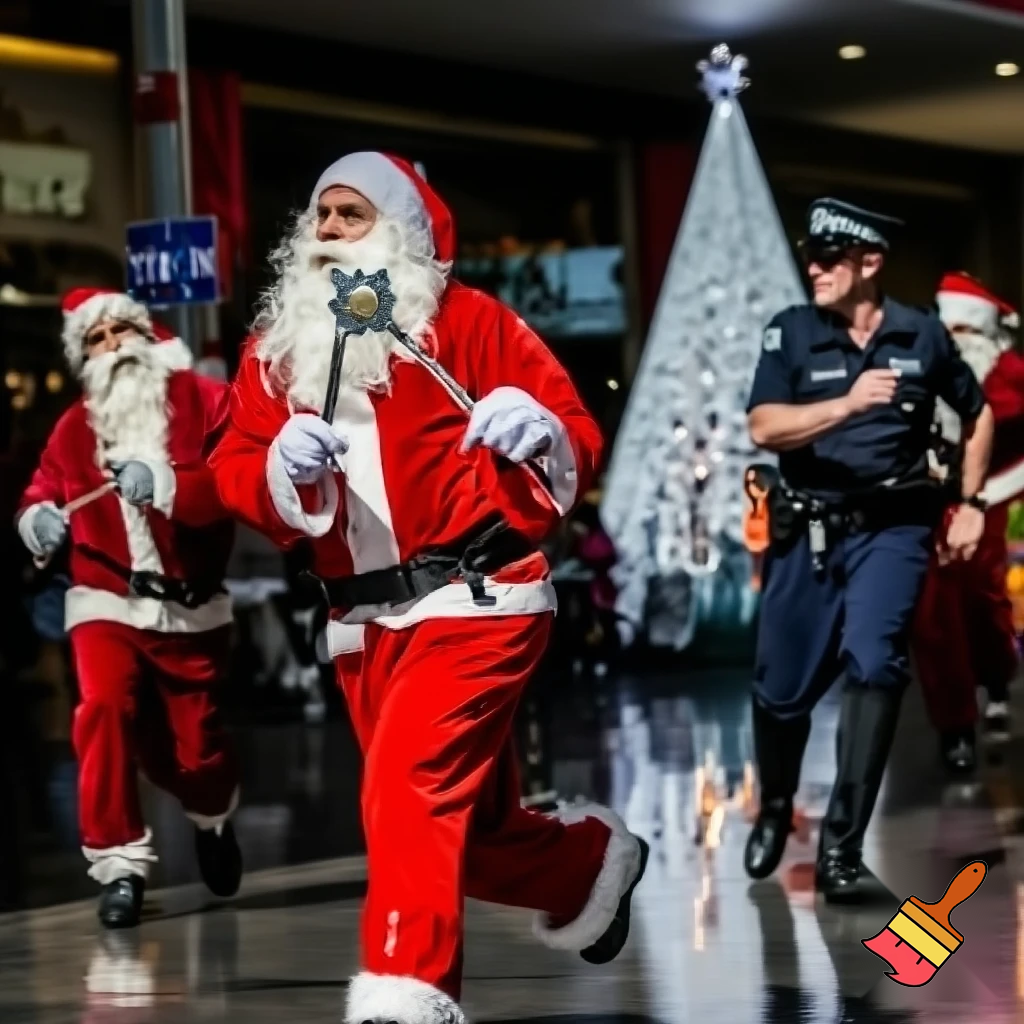 Santa Claus dancing shopping Centre walking Australian magic walking stick walking stick star running outside of the shopping centre on the Christmas tree  policeman are running the two naughty Santa Claus the two good Santa Claus and the naughty one