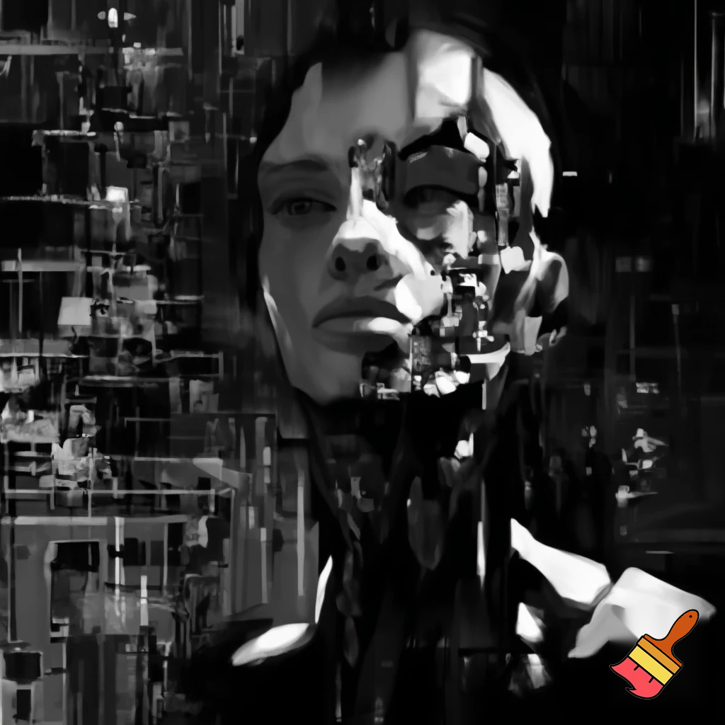 Bio-mechanical girl portrait, noise art. In the style of a 1920's German Expressionism. Black & white.