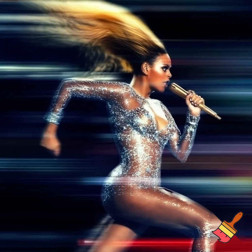 Beyonce with honey blonde slick ponytail runnning blurry photo with a diamond bodysuit chasing with a stick