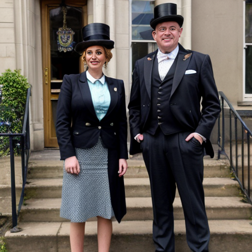 Lottie from princess in the frog standing next to a man in a suit (the mayor)
	•	City building or mansion behind them
Details: top hat, cane, steps
