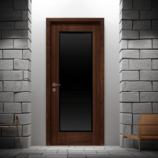 a wooden door with a star scratched onto it in a dark passage way with stone bricks. door made with wooden boards that are worn and dark