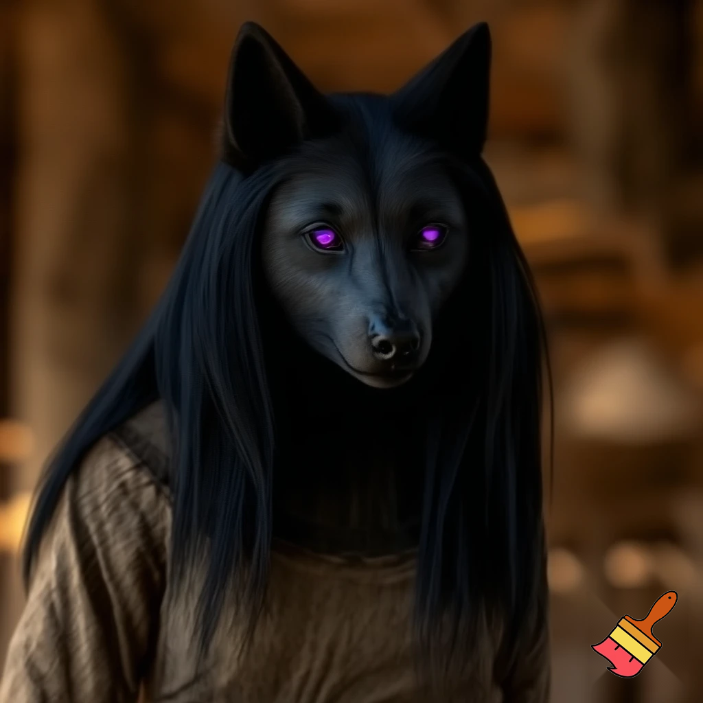 Anthro female black wolf with long pretty black hair and purple eyes, wearing a brown medieval shirt