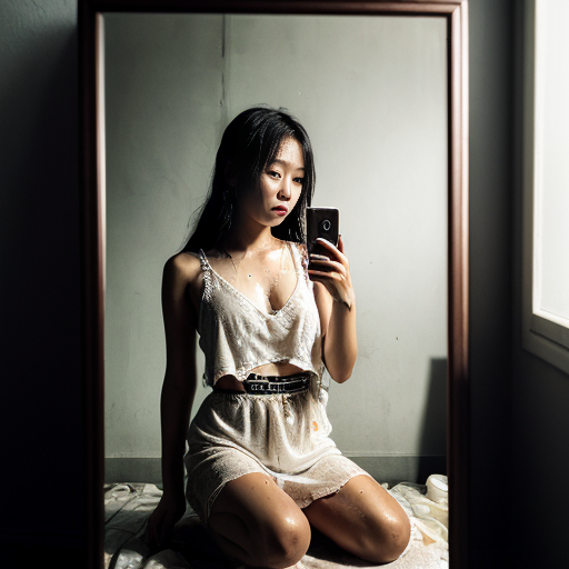 A dreamlike, intimate snapshot aesthetic photo. A stunning网红 (influencer) with an innocent, cute expression, kneeling on the floor in front of a full-length mirror in a dimly lit room. Her long hair and sheer, tattered wet gauze scarf cling to her skin, soaked through. Her skin glistens with water droplets. She playfully makes a peace sign near her face while holding her phone, which has its flash on, capturing the moment in the mirror. The composition is slightly chaotic and mundane, with a motion blur from a slow shutter speed. The scene is平凡 (ordinary) yet sensual, dominated by the harsh, direct light of the phone flash creating a朦胧 (hazy) and梦幻 (dreamlike) atmosphere. 9:16.