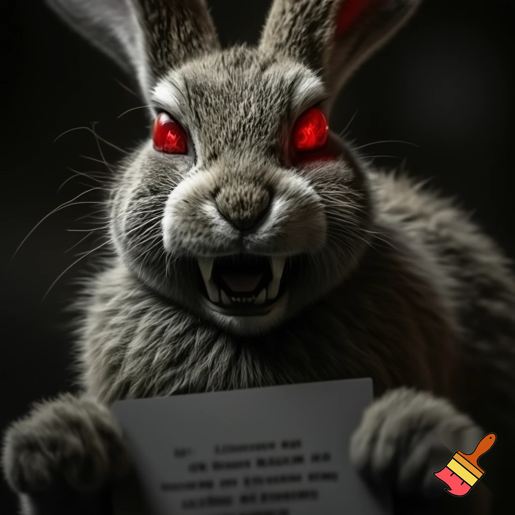 European rabbit red glaring eyes sharp teeth and fur holding a sign angry face fighter smile