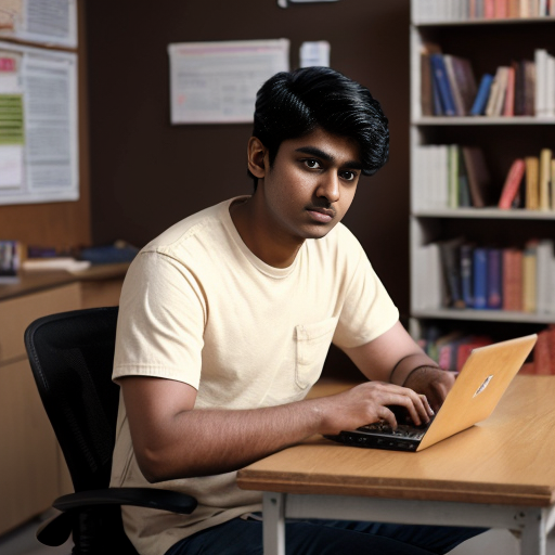 Aryan, 21-year-old Indian engineering student, medium wheatish skin, wavy black hair, brown eyes, clean-shaven face, red overshirt jacket, white t-shirt, dark jeans, studying at desk, laptop open, books scattered, same character design, cinematic horror animation