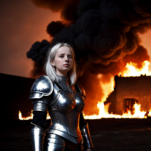 young, tall, white-haired woman in armor stands in front of a burning castle into which meteorites are falling.