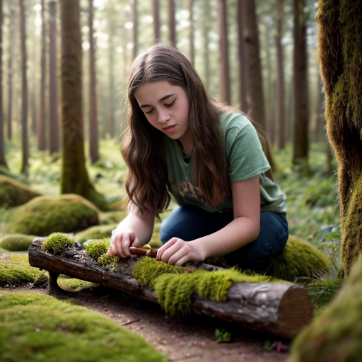 “Teen girl discovering a sacred wooden flute on a mossy stone in a sunlit forest, semi-realistic, vibrant greens.”