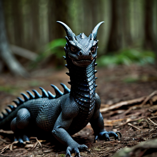baby black dragon with white eyes in the forest
