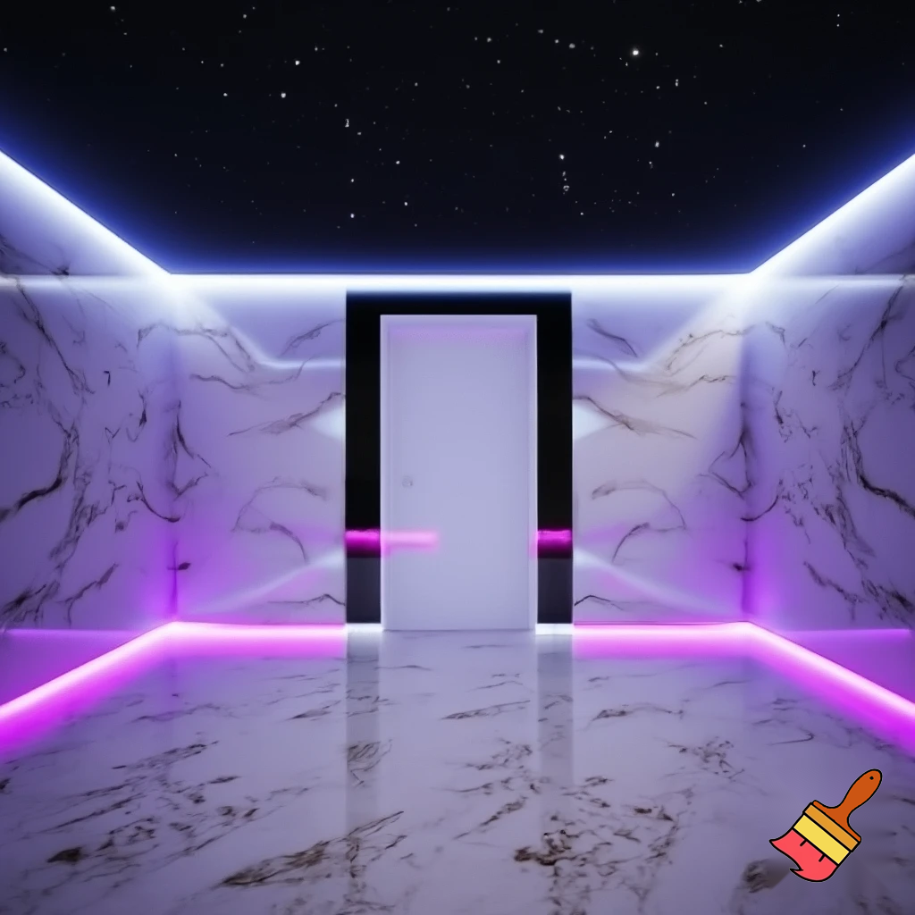 Chanel lamp, white marble floor, black ceiling with stars, white marble walls, neon lights surrounding the entire room,new plain white door with glass edge