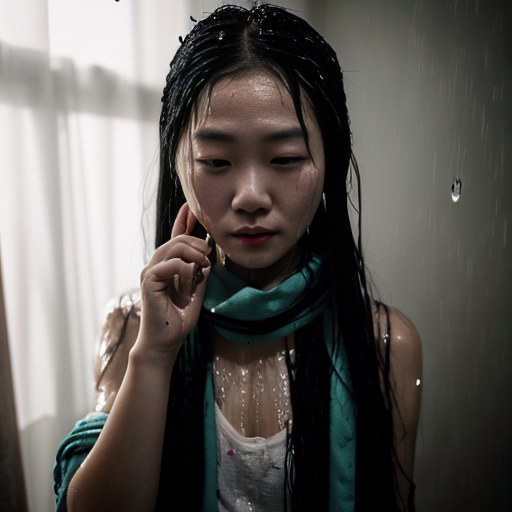 A dreamlike, intimate snapshot aesthetic photo. A stunning网红 (influencer) with an innocent, cute expression, kneeling on the floor in front of a full-length mirror in a dimly lit room. Her long hair and sheer, tattered wet gauze scarf cling to her skin, soaked through. Her skin glistens with water droplets. She playfully makes a peace sign near her face while holding her phone, which has its flash on, capturing the moment in the mirror. The composition is slightly chaotic and mundane, with a motion blur from a slow shutter speed. The scene is平凡 (ordinary) yet sensual, dominated by the harsh, direct light of the phone flash creating a朦胧 (hazy) and梦幻 (dreamlike) atmosphere. 9:16.