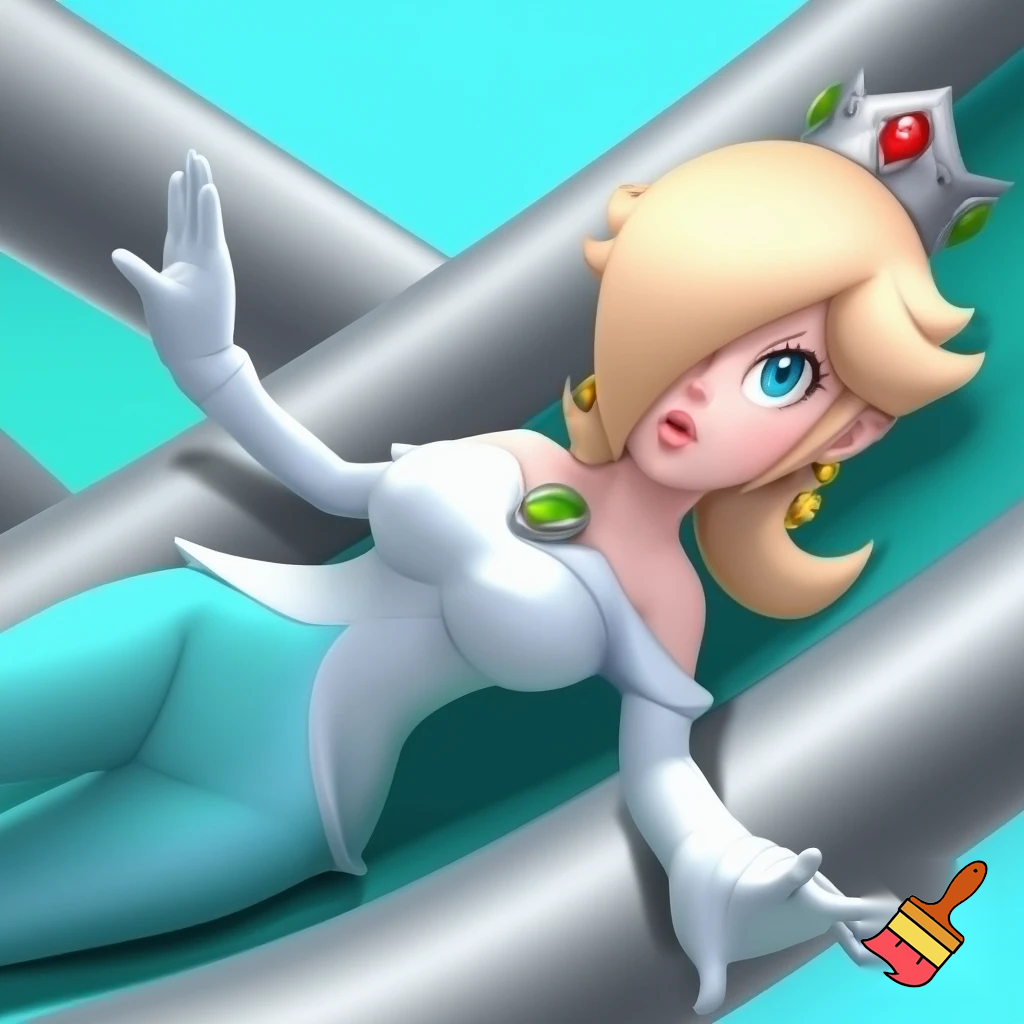 Rosalina from super mario wears a white and light blue tight outfit sliding through silver tubes