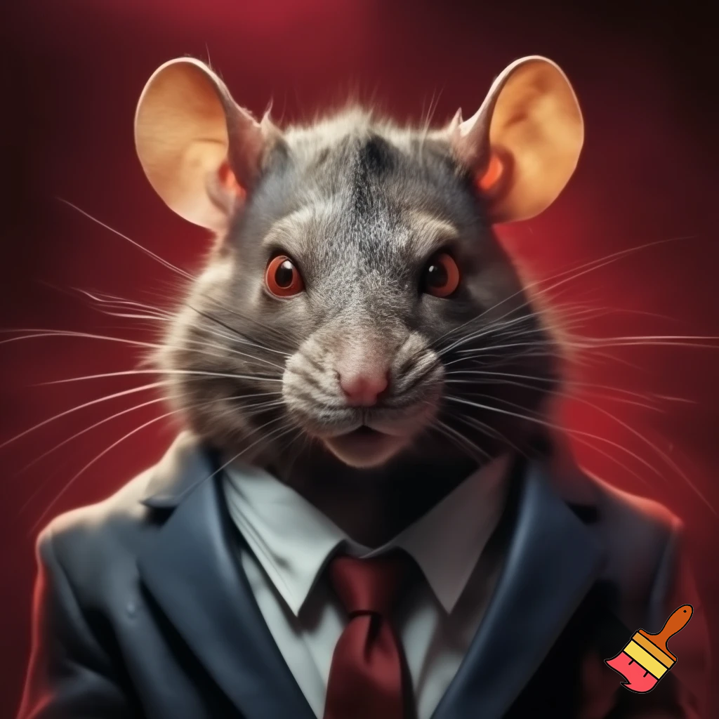 fierce smirking rat, neat business suit, mugshot red eyes, sinister  MUGSHOT 