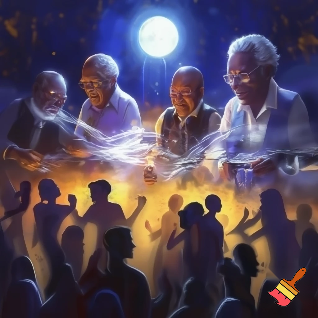 Dancing crowd in moonlight  a five member 
MALe elderly band playing music on stage.
Magical night
