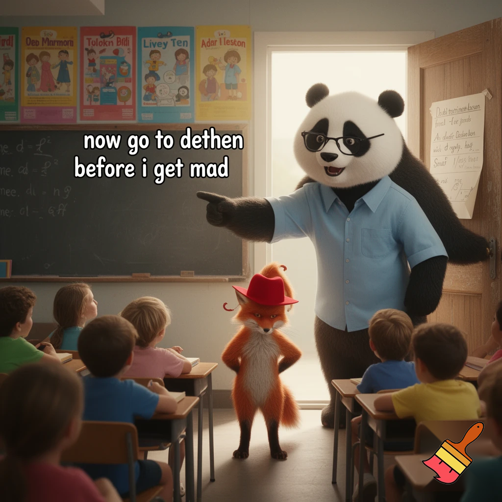 now go to dethen before i get mad said the panda teasher to th red fox with a red hat