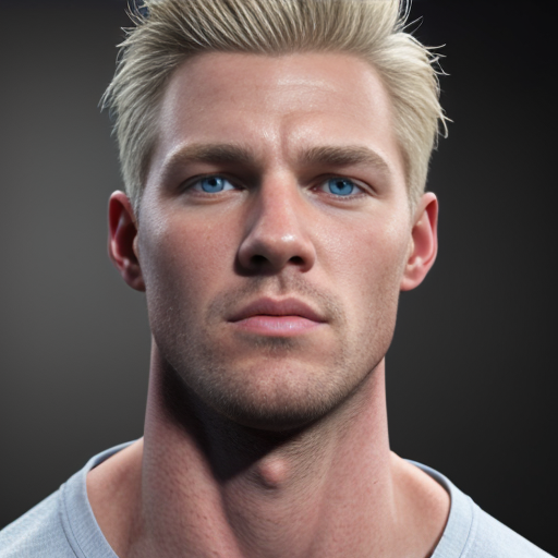 create an imatge of a guy that is strong, blue eyes, blond and no beard