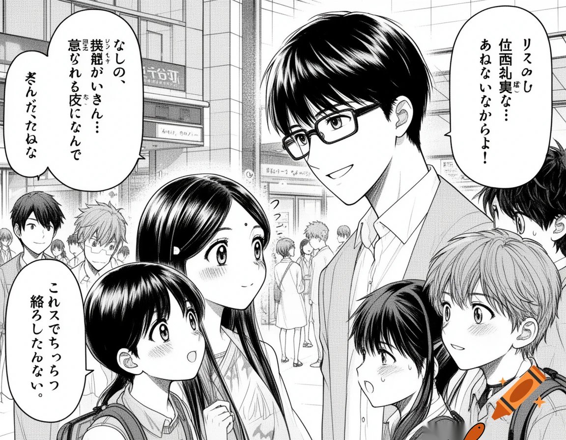 black and white manga style illustration, Indian girl meeting 4–5 guy friends for the first time, emotional and cute atmosphere, modern setting, heroine looking at a tall boy with short hair and rectangle glasses, expressive eyes, shy smiles, detailed ink line art, Japanese manga style, cinematic composition, manga panel layout, no color