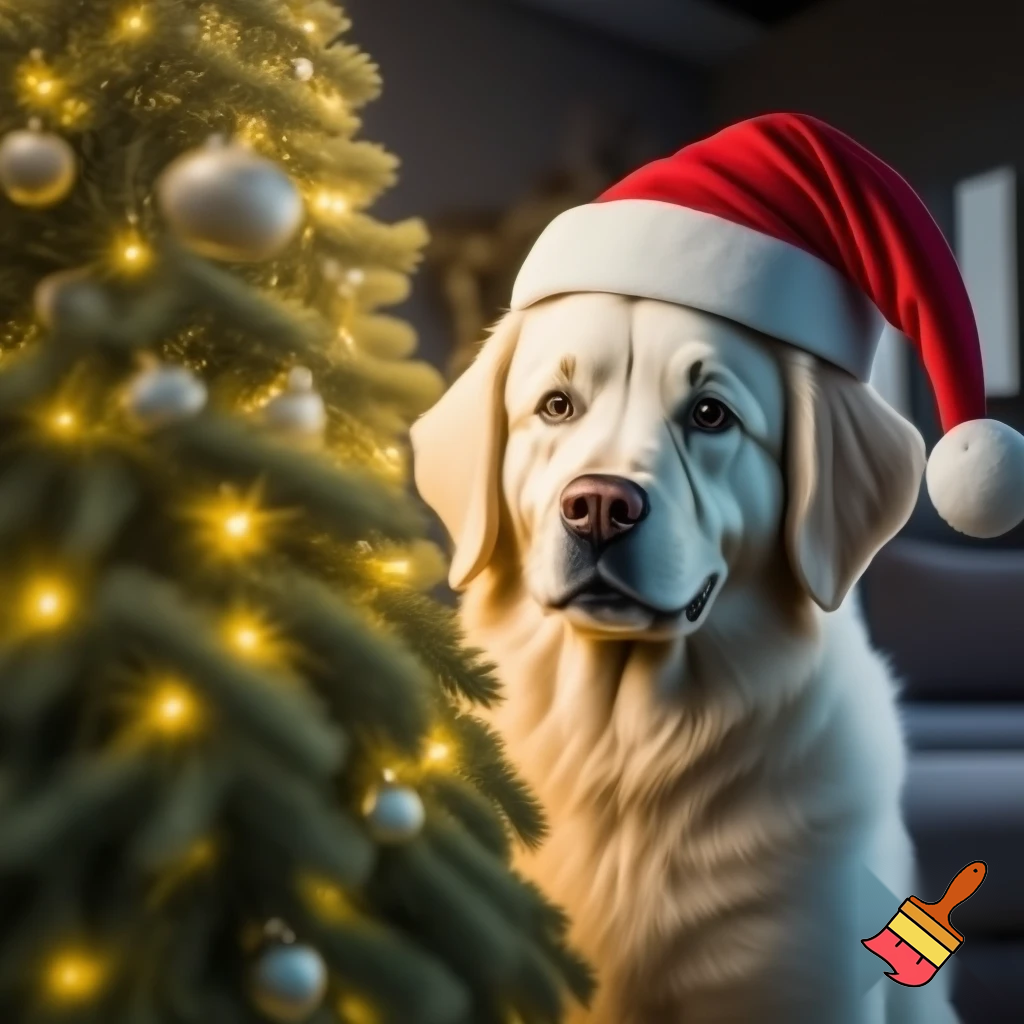 een witte golden retriever met een rode kerstmuts en een kerstboom