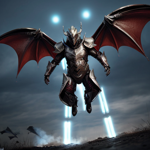 A man in fancy, high tech, and futuristic dragon armor suit in the battlefield, levitating in the air with metal wing