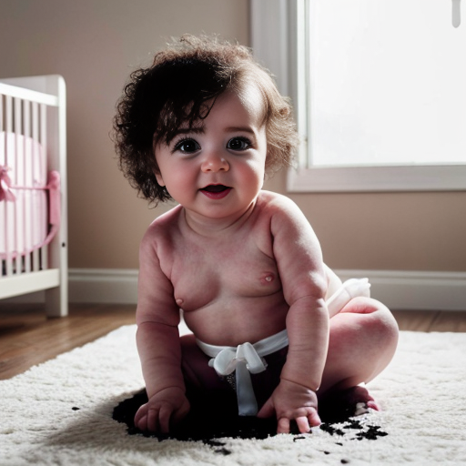 make a 1-year-old baby girl white and black mixed with brown curly hair in a pink baby room