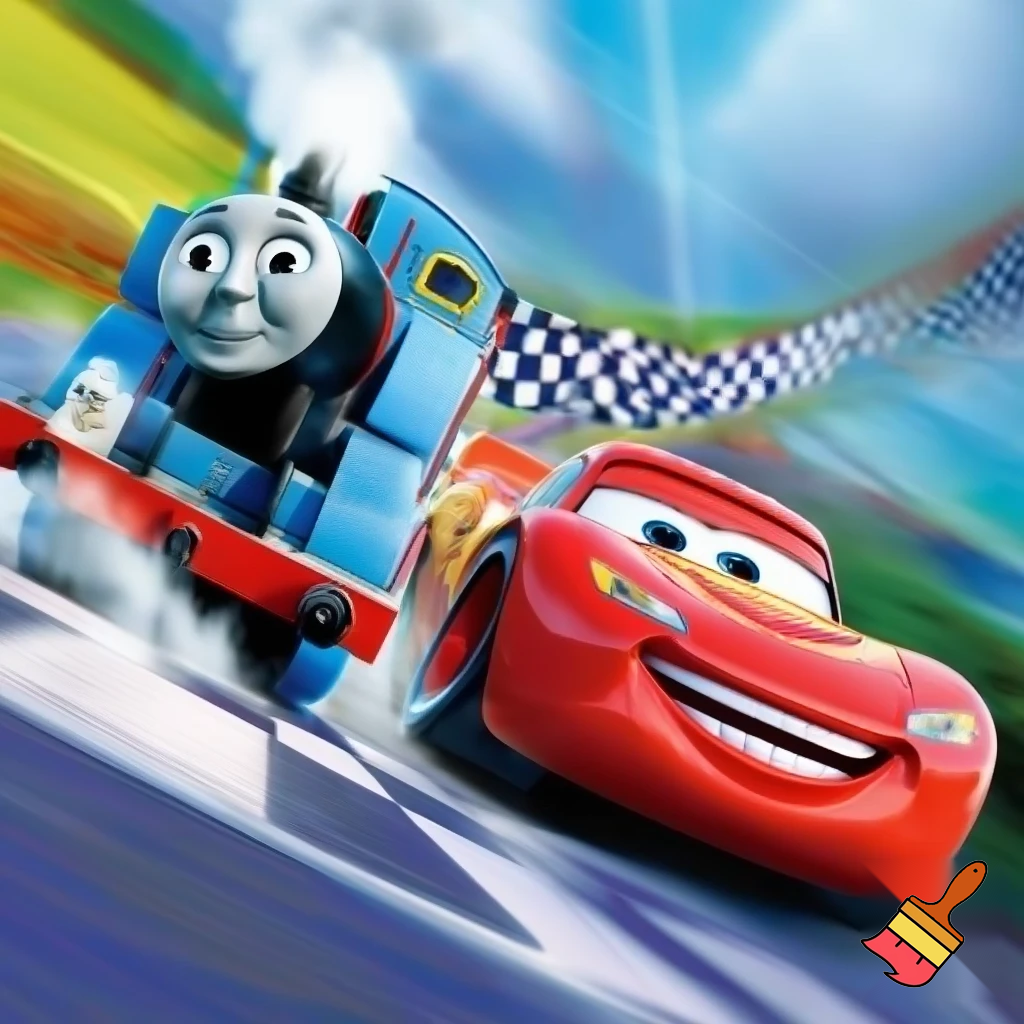 Thomas the tank engine racing with lightning McQueen