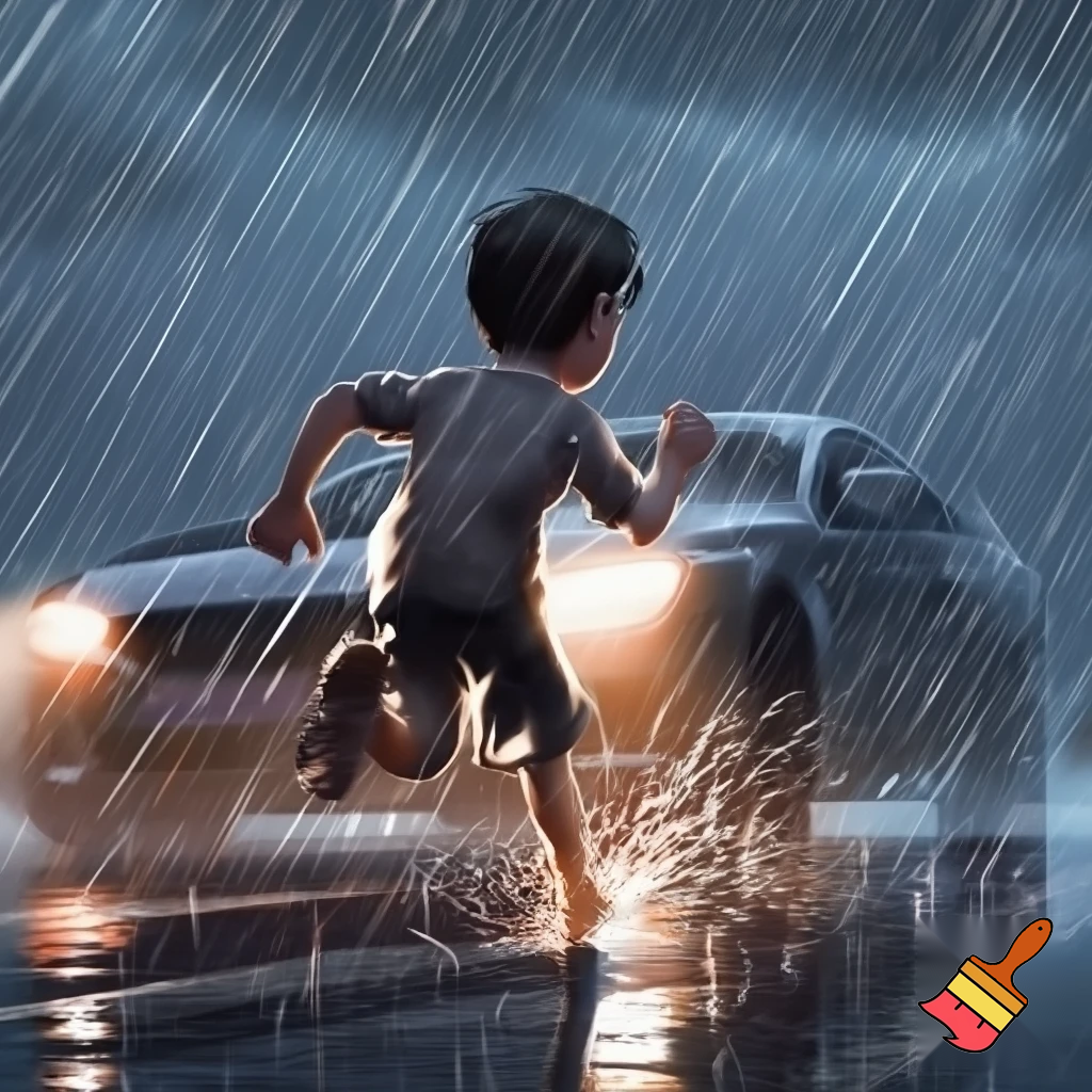 11 yr old boy running to the car in the rain