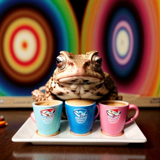 A hillarious, funny boho toad with some hippie colored coffee cups. Psychedelic decorated background.