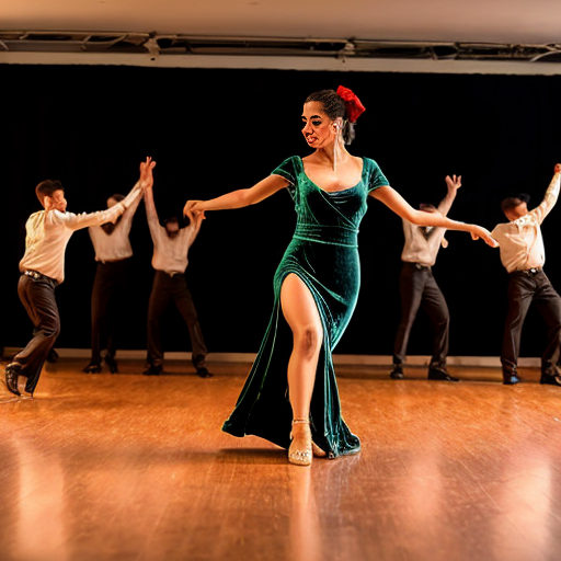 Mom dancing with group of boys a latin dance.she is wearing velvet leg slit dress.red rose on her hair.