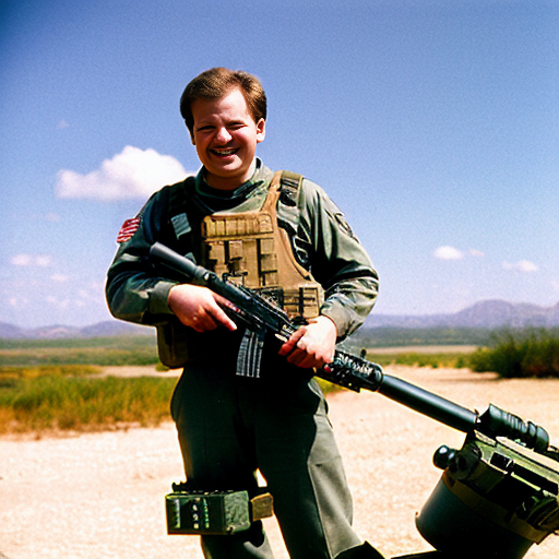 garfield smiling with angry eyes standing in front of a usa background firing a machine gun with tripod.