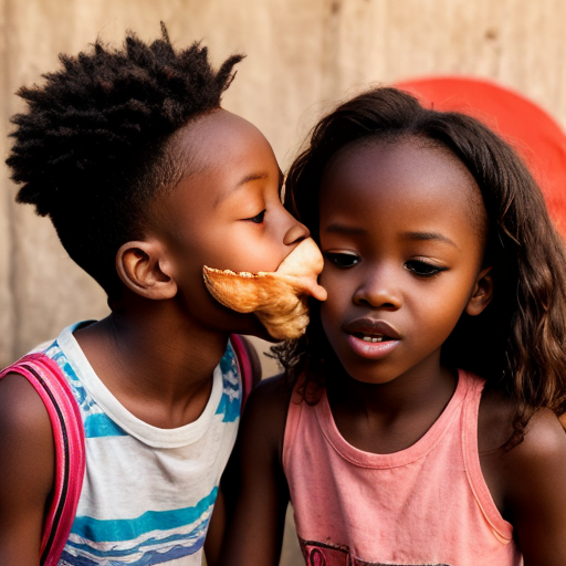 An african kid French kissing a friend chicken