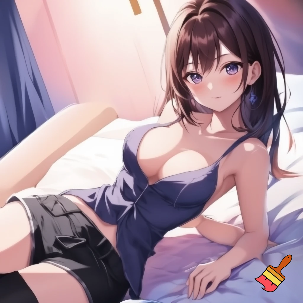 Anime girl 20 years old so cool and cute is dressing an low cut dress and very cool short black jeans in bed make is so anime