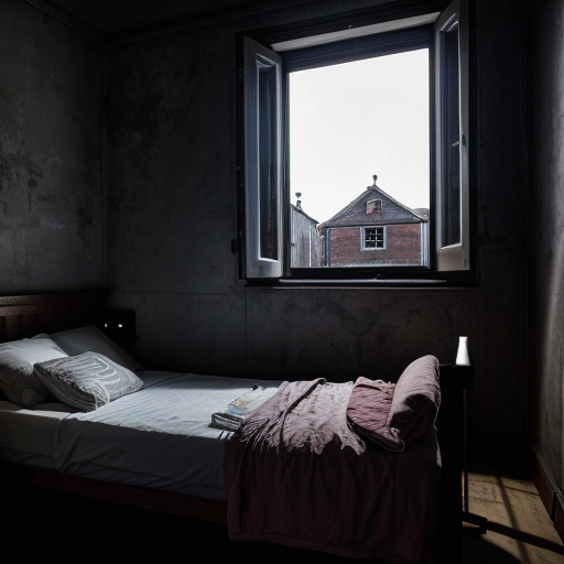 Slow zoom toward glowing hostel room window, surrounding darkness, distant wind sounds, creepy atmosphere