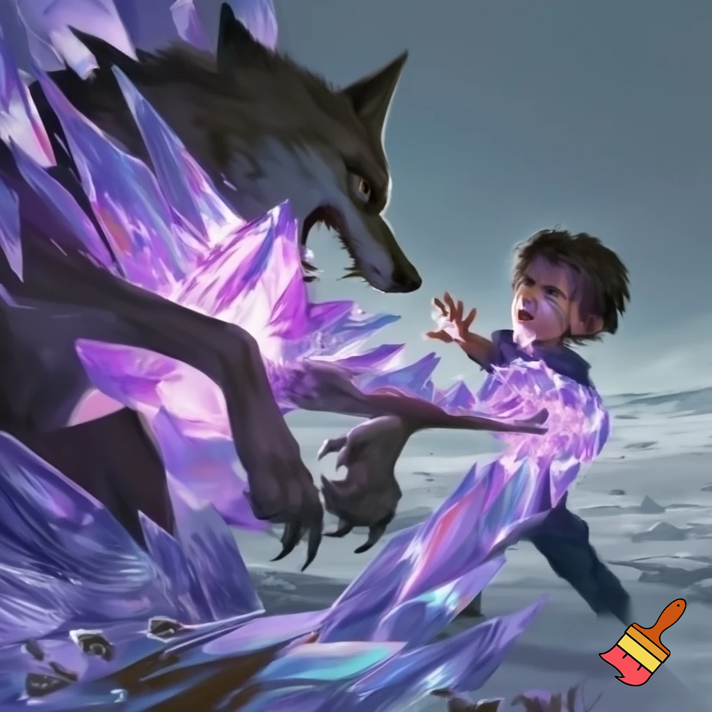 boy with his hand out to the right, purple tinted ice erupting from his hand and enveloping a wolf