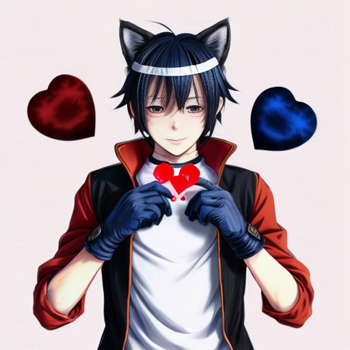 anime teenage boy with red eyes, black hair, white cat ears, a white shirt with a red love heart in the top right hand side, blue jeans, black gloves with one love heart per glove and a brown cat tail with a white stripe near the tip.