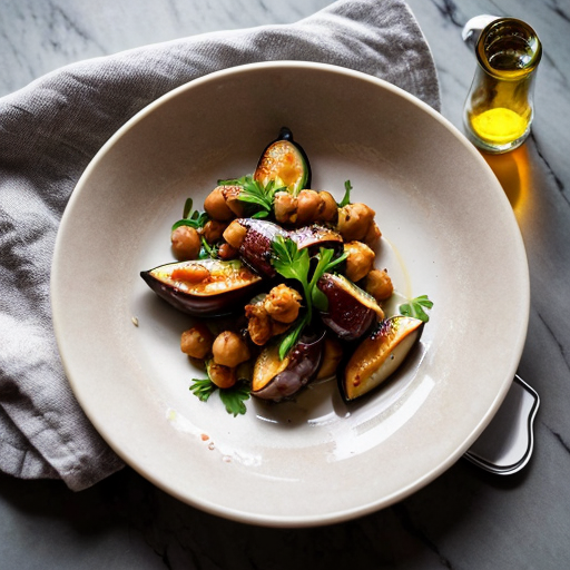 Create a realistic cookbook style photo of the finished dish:
Eggplant and Chickpea Portable Salad
knowing the ingredients:
A Mediterranean-style salad designed for easy transport.
Serves: 1
Cooking Method (M.C.): roasting and assembly
Ingredients:
•	1 cup roasted eggplant cubes
•	1/2 cup cooked chickpeas
•	1 cup arugula
•	1 tablespoon olive oil
•	1 teaspoon lemon juice
•	1 tablespoon chopped parsley
•	pinch of salt

Please don't add anything else in the dish, I don't want my reader to think they missed something.
The dish is fully plated and ready to serve.
Style:
modern healthy cookbook photography
natural daylight
editorial food photography
clean minimal background
Composition:
The food is the main focus of the image.
Simple kitchen environment.
Fresh ingredients visible around the plate.
Camera variation (important):
Use a different angle from previous images such as:
top view
45 degree angle
close up plating
side angle
slightly elevated perspective
Keep the lighting style consistent across all images.
Make the food look fresh, vibrant and realistic.
VARIAZIONE AUTOMATICA DELLE INQUADRATURE
Per evitare immagini duplicate, alterna automaticamente:
camera angle
top view
45 degree angle
slightly elevated angle
side plating angle
close up texture shot
camera distance
wide food composition
medium shot
macro texture detail
surface variation
light wood table
white marble surface
stone kitchen surface
prop variation minima
linen napkin
wooden spoon
small ingredient bowls
fresh herbs
Queste variazioni devono cambiare tra le immagini ma mantenere lo stesso stile generale