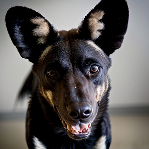 A black wild dog taking a mugshot looking DEADLY, sinister, angry and malicious
