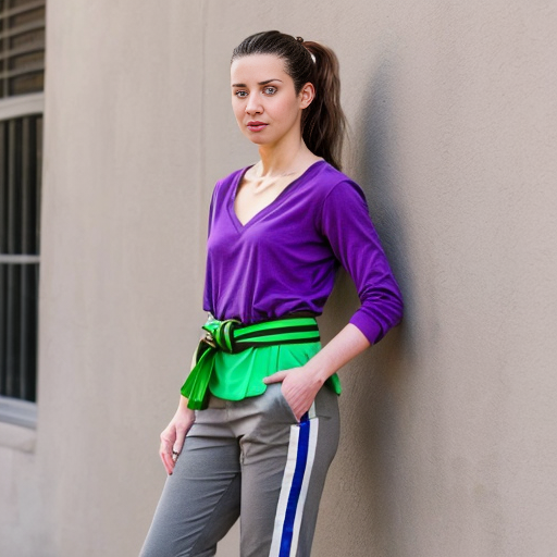 Generate a real life version of Aviva is a slender, young Hispanic woman in her 20s and above average height; she has long and bushy, armpit-length brown hair that she always ties back in a low ponytail, green eyes (with a slight grayish tinge), and tan skin. She usually wears a V-neck purple shirt and a yellow collared jacket with a blue stripe running down both of the sleeves, her pants are blue bell bottoms held by a black slim belt with a grey bolt on it, worn crookedly around her waist, and purple and white low-top sneakers.