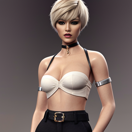 Attractive woman with an ash blonde pixie cut and a slim build wearing bold makeup, minimal jewelry, a cropped jacket, a bandeau top, cigarette pants with a belt, and peep toe chunky heels 