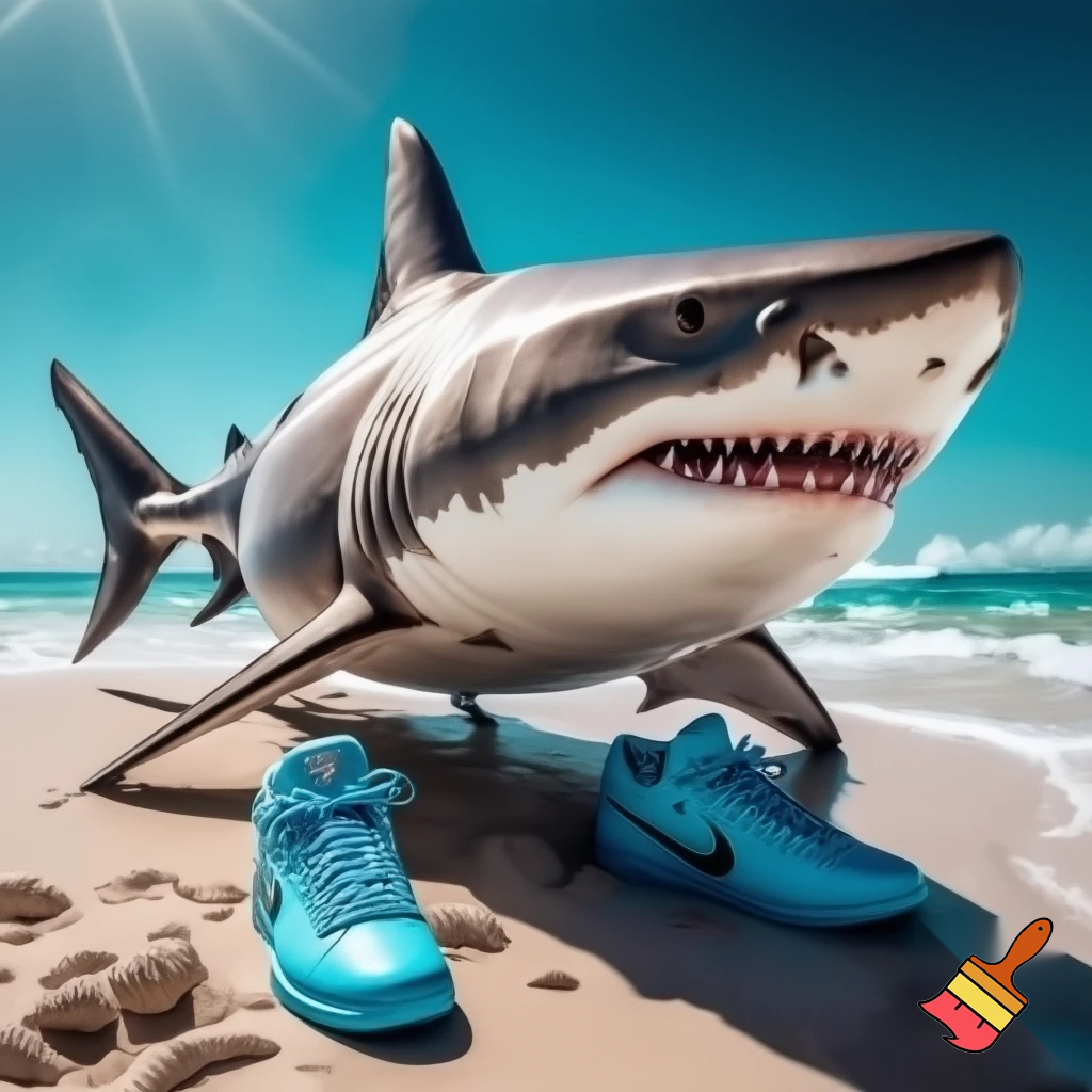 shark with blue Nikes on the beach