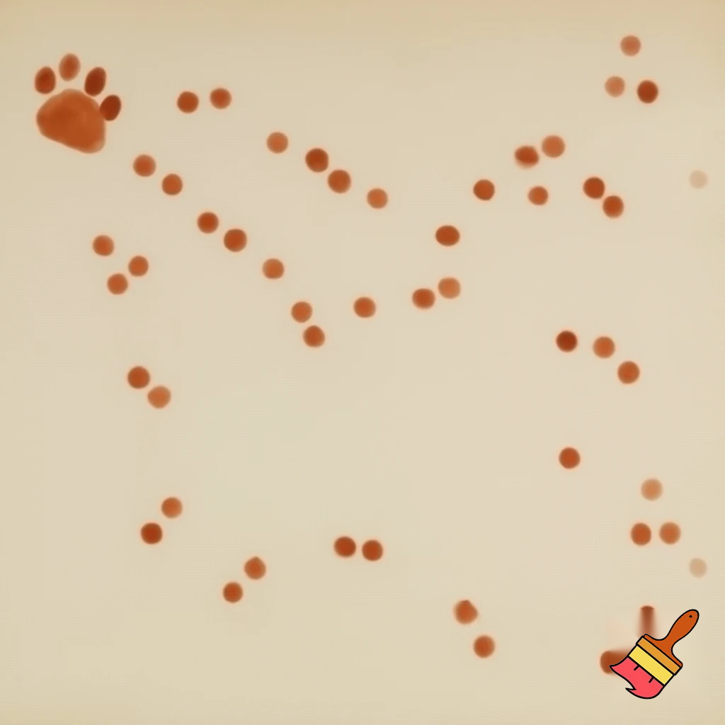 a sketches of cat paw and cat silhoutte with marble orange and terracota color backgorund: Small, scattered dotted clusters, Arranged like a constellation map, Irregular placement