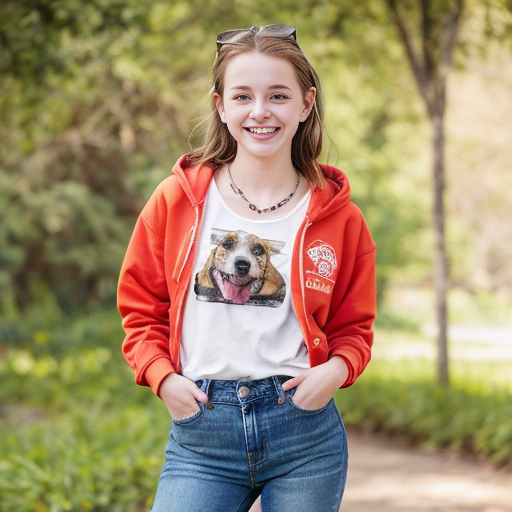 She looks like a bright, friendly Year 7 student with a warm smile and lively eyes. Her style is casual and trendy, often wearing jeans, sneakers, and maybe a hoodie from her favorite band. She might add fun accessories like bracelets or a necklace. With two dogs at home and dreams of becoming a zoologist, she has a slightly outdoorsy vibe. Overall, she appears cheerful, confident, and full of energy.