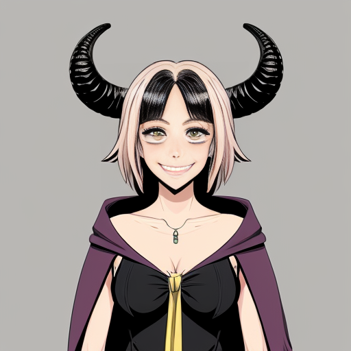 A elegantly beautiful seven-foot tall, lavender-pink skinned Tiefling with ram-like horns, long wavey blond hair and a curvaceous figure. She is dressed for a long journey on the road, with many assorted shiny bobbles worn like jewelry and as adornments on her cloak and around her waist. She has a cheerful smile and jovial ruby eyes. In the art style of a well-drawn comic or anime character.