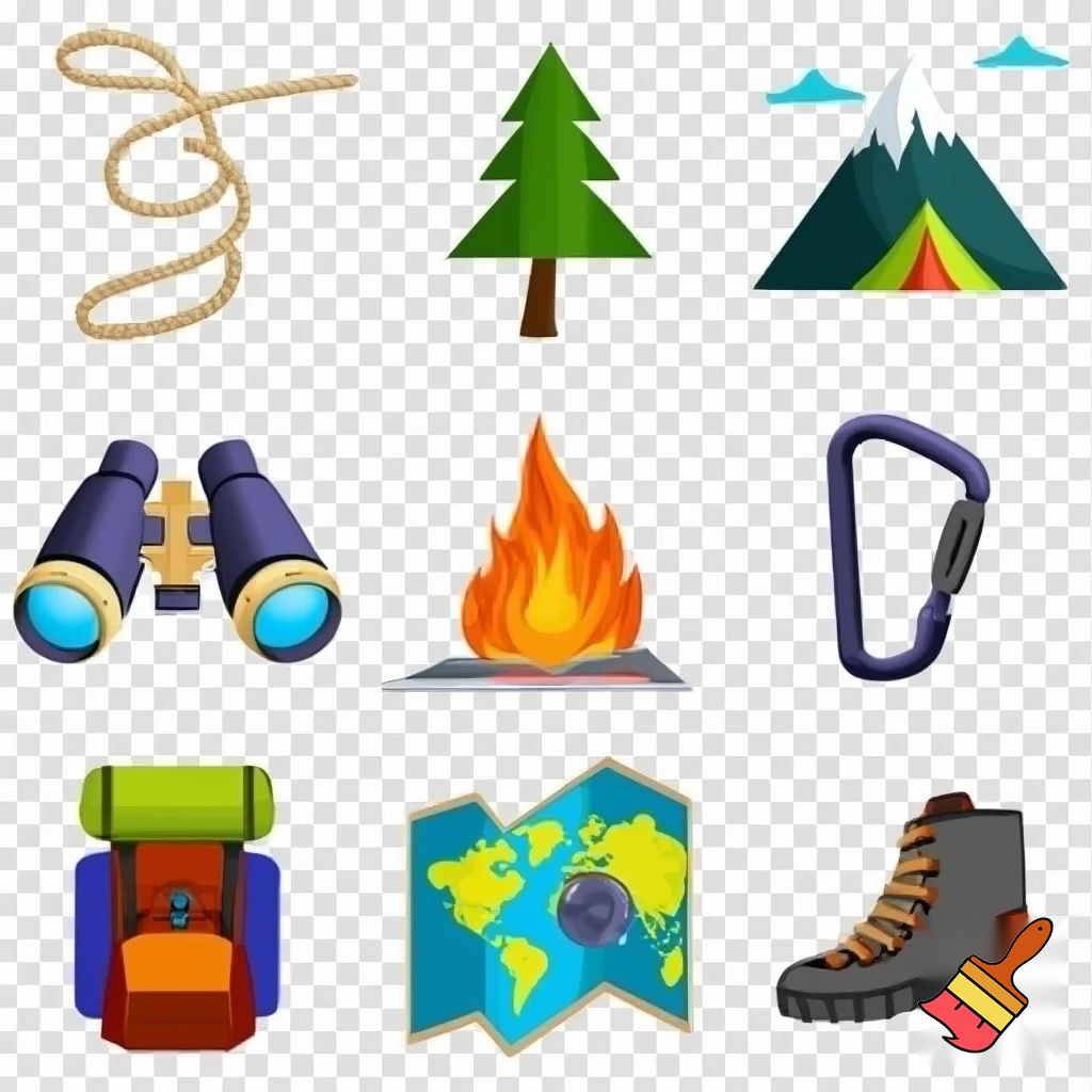 single icons of nature exploration in cartoon style : cord, fir tree, mountain, campfire, tent, carabiner, compass, backpack, world map, hiking shoe, binoculars