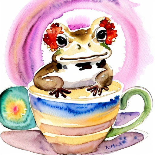 A hillarious, funny boho toad with some hippie colored coffee cups. Psychedelic decorated background.