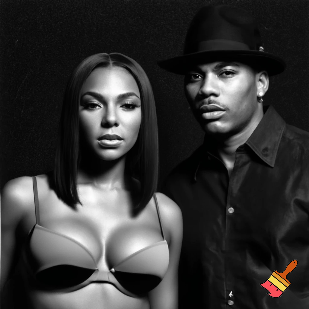 Ashanti with a black sleek middle part bob hair wearing a grey and black bra and Nelly wearing a button up shirt and black hat in a black and white photograph 