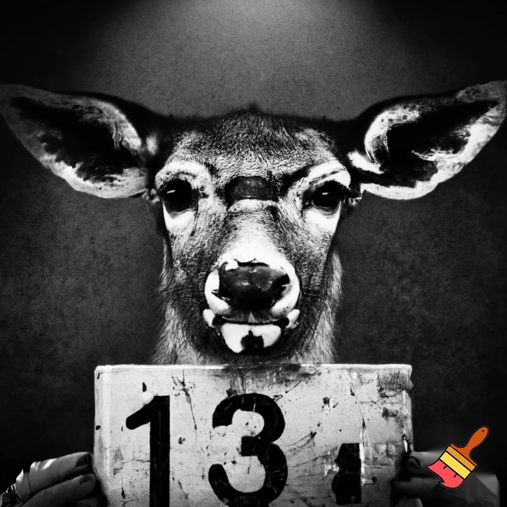 picture of a mugshot deer with scars and a serious face holding a number board